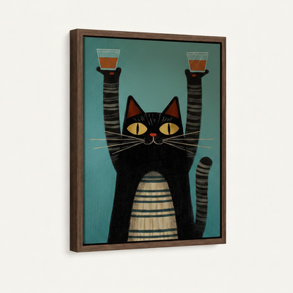 Retro striped cat whiskey illustration in natural walnut float frame, angled product view
