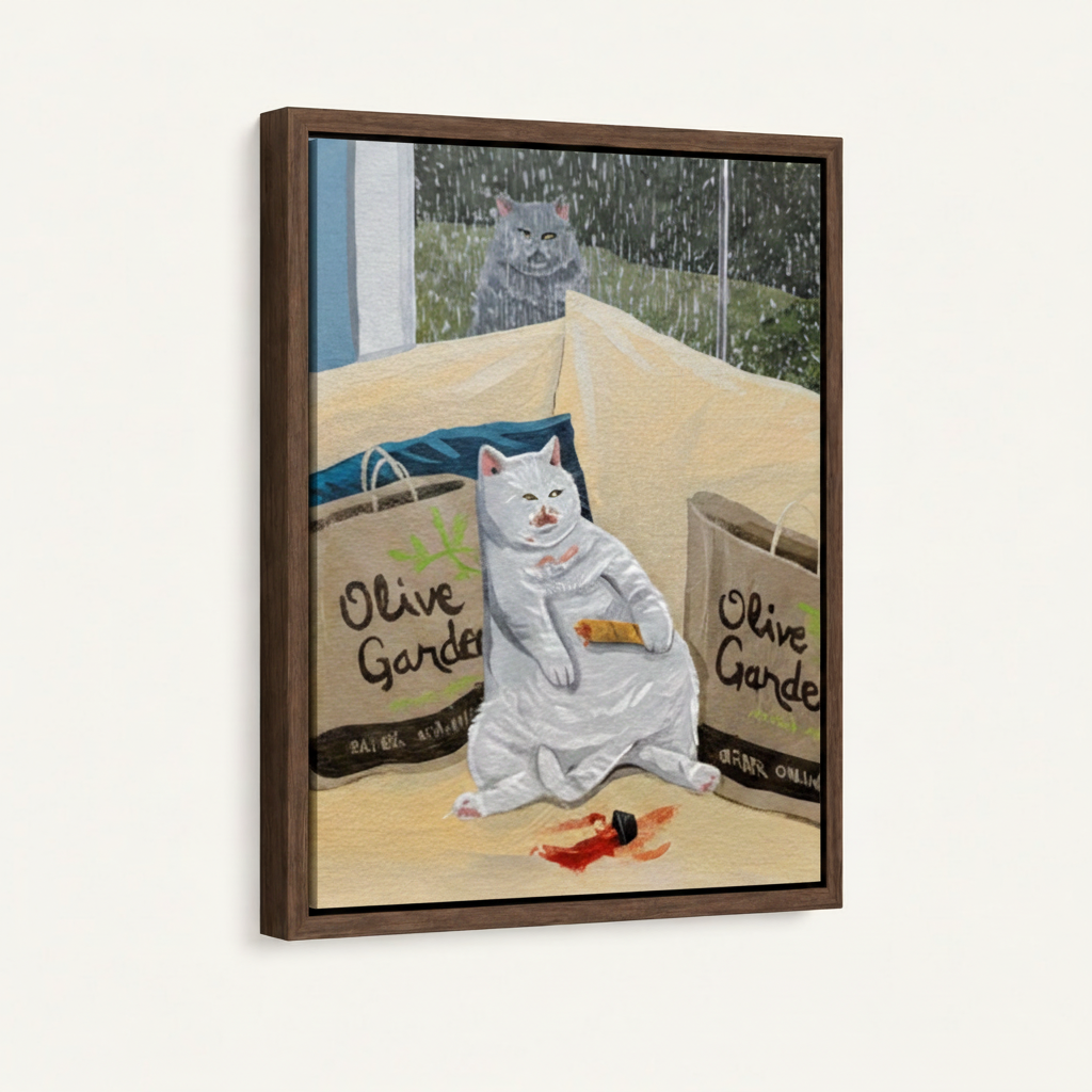 Olive Garden cat float frame canvas on white background, portrait orientation, dark walnut frame