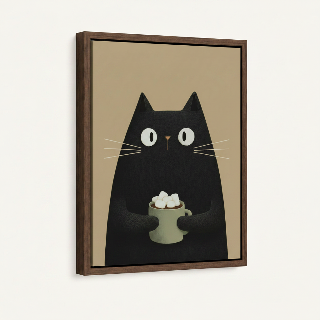 Whimsical black cat cocoa illustration in dark walnut float frame, angled product view