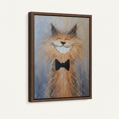 Smiling cat bow tie textured illustration in dark walnut float frame, angled product view
