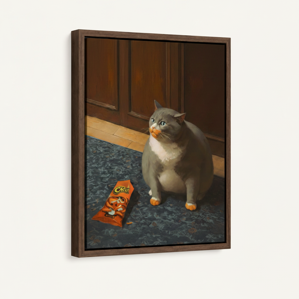 Funny cat Cheetos float frame canvas on white background, portrait orientation, 3/4 angle view