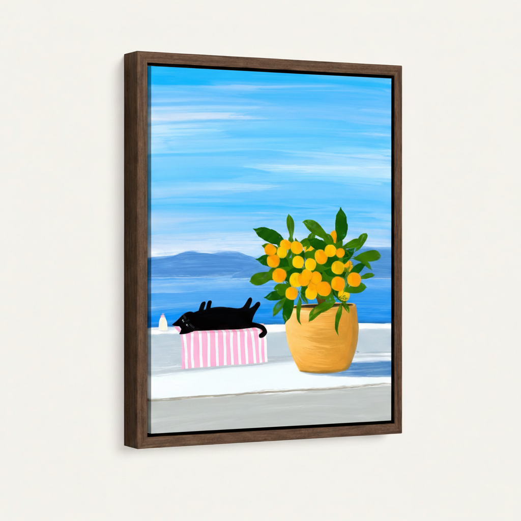 Black cat lemon tree flat illustration in dark walnut float frame, angled product view