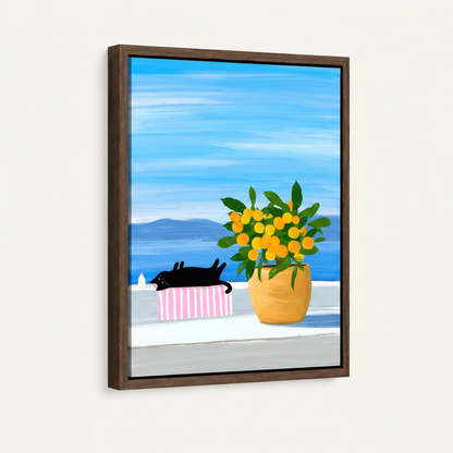 Black cat lemon tree flat illustration in dark walnut float frame, angled product view