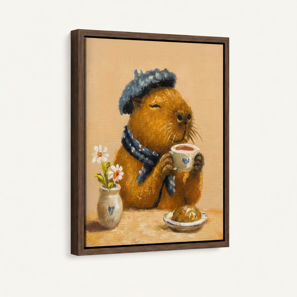 Capybara tea time float frame canvas on white background, portrait orientation, 3/4 angle view