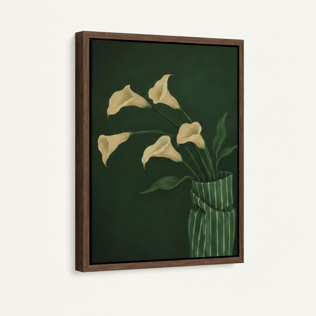 Calla lily float frame canvas on white background, portrait orientation, 3/4 angle product view