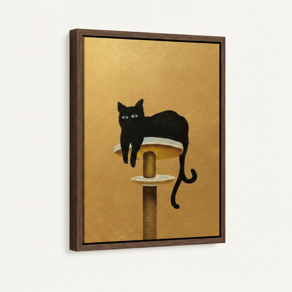 Framed canvas of black cat draping over cat tree against amber background, side angle view