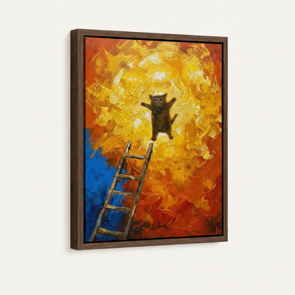 Cat ladder golden light impasto illustration in dark walnut float frame, angled product view