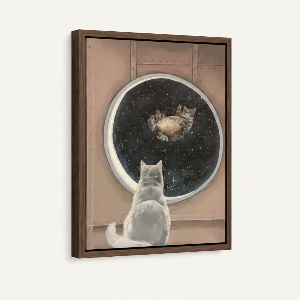 Space cat porthole float frame canvas on white background, portrait orientation, 3/4 angle view