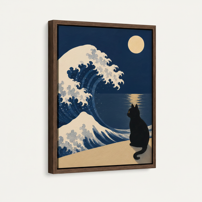 Great Wave cat ukiyo-e illustration in dark walnut float frame, angled product view
