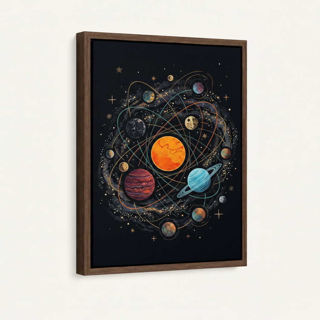 Vintage solar system illustration in dark walnut float frame, angled product view on white