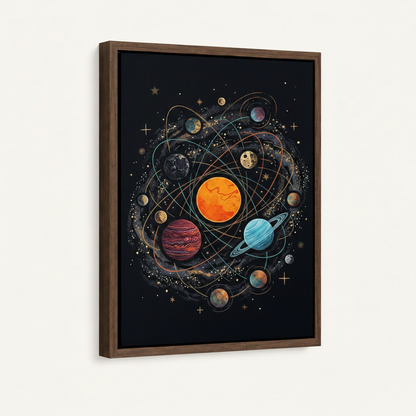 Vintage solar system illustration in dark walnut float frame, angled product view on white