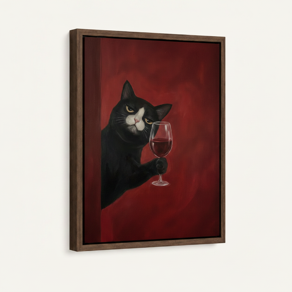 Framed canvas close-up of brooding black cat with red wine on crimson background