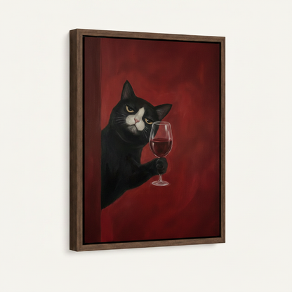 Framed canvas close-up of brooding black cat with red wine on crimson background