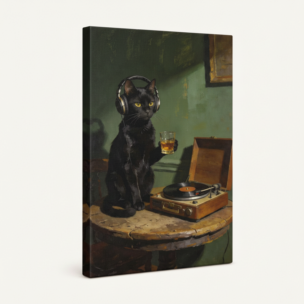 Gallery wrap canvas side view showing black cat with headphones and vinyl record player oil painting
