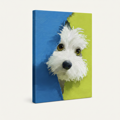 Gallery wrap canvas of peeking white dog with bold blue and chartreuse color-block background, 3/4 angle view