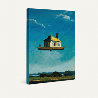 Gallery wrap canvas print of surrealist floating house painting, blue sky, white background product shot