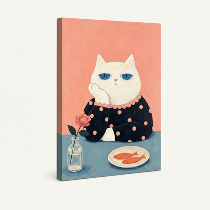 Gallery wrap canvas print of white cat in polka-dot dress with pink peony and fish plate