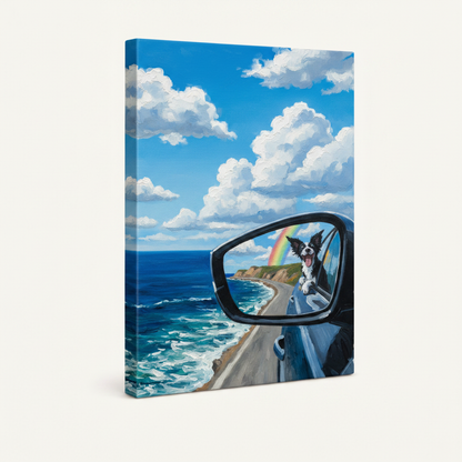 Gallery wrap canvas of happy dog in car side mirror with rainbow and ocean coastal road trip scene