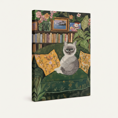 Gallery wrap canvas of a Himalayan cat with botanical folk art illustration, angled view