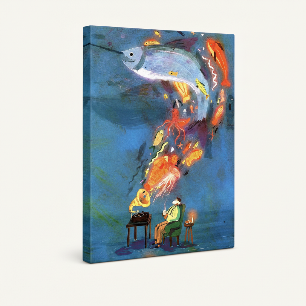 Gallery wrap canvas of surrealist man listening to music with swirling ocean creatures at 45-degree angle