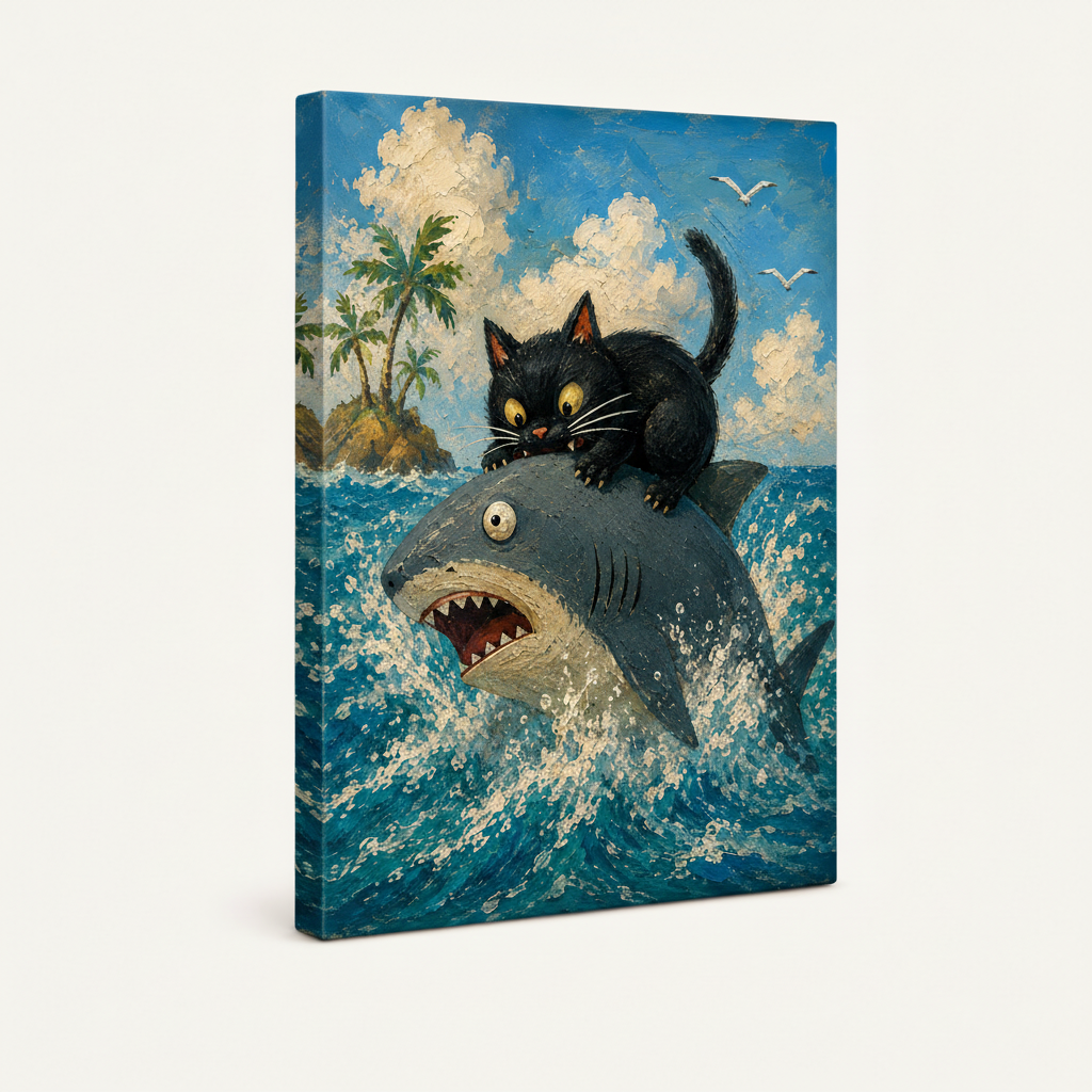 Gallery wrap canvas of black cat riding shark in tropical ocean, impasto style, angled side view