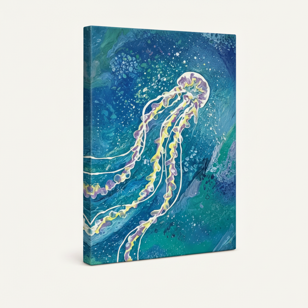 Gallery wrap canvas of glowing jellyfish with flowing tentacles in fluid acrylic style, portrait view