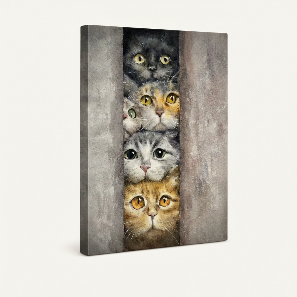 Gallery wrap canvas of four peeking cats in watercolor style, portrait orientation angled view