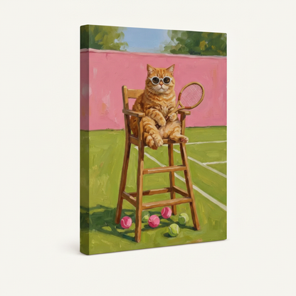  Gallery wrap canvas of orange cat in sunglasses on tennis umpire chair, angled product view on off-white background