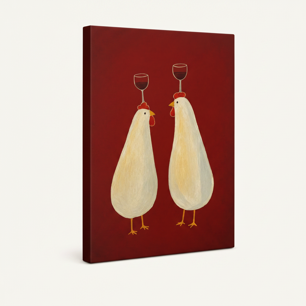 Gallery wrap canvas of two white chickens with wine glasses on burgundy background, angled product view