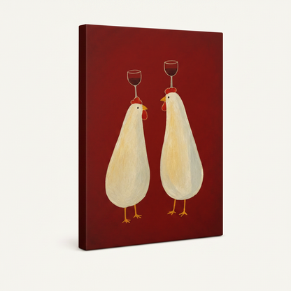 Gallery wrap canvas of two white chickens with wine glasses on burgundy background, angled product view