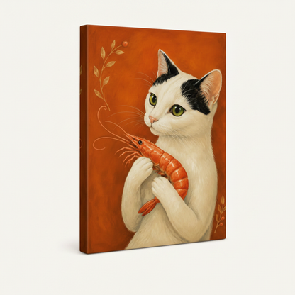  Gallery wrap canvas of white cat holding shrimp on terracotta background, angled product view on off-white background
