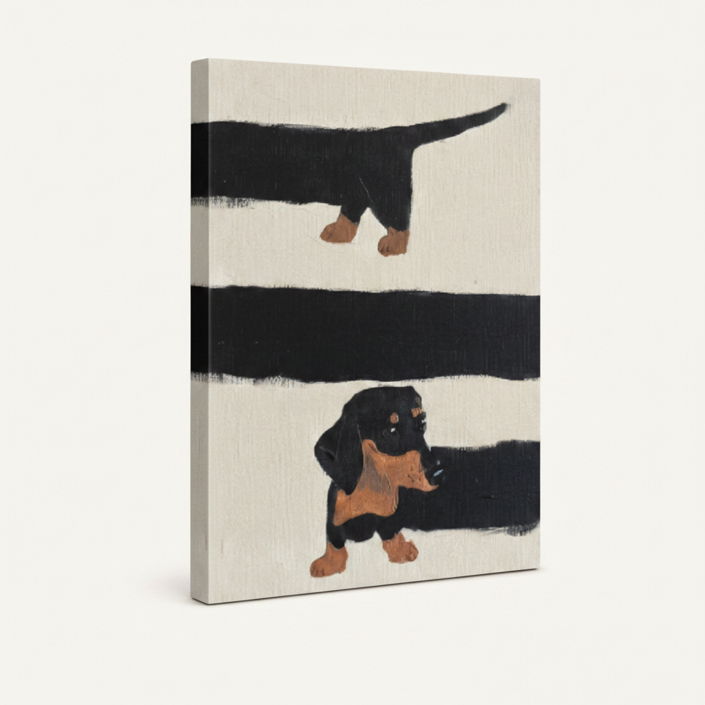 Abstract dachshund dog art on frameless stretched canvas, gallery wrap style with painted edges, angled view