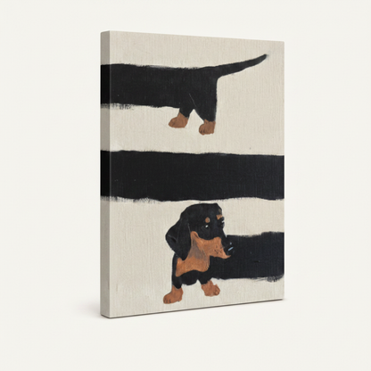 Abstract dachshund dog art on frameless stretched canvas, gallery wrap style with painted edges, angled view