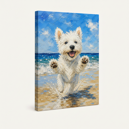 Gallery wrap canvas of Westie puppy running on beach in impasto style, angled side view