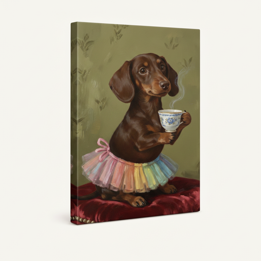 Gallery wrap canvas side view of dachshund in rainbow tutu holding steaming teacup, off-white background