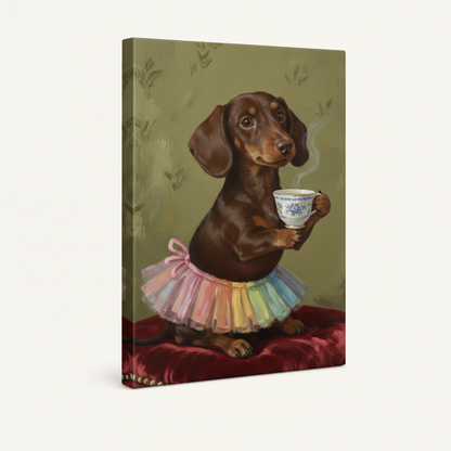 Gallery wrap canvas side view of dachshund in rainbow tutu holding steaming teacup, off-white background