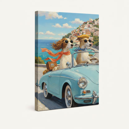 Gallery wrap canvas of two dogs driving a blue convertible along Amalfi Coast, side depth visible on cream background