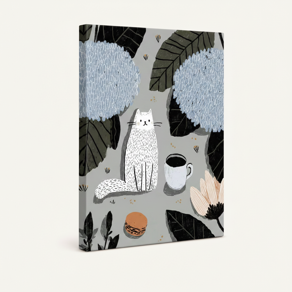 Gallery wrap canvas of white cat with blue hydrangeas, coffee cup and macaron, portrait view