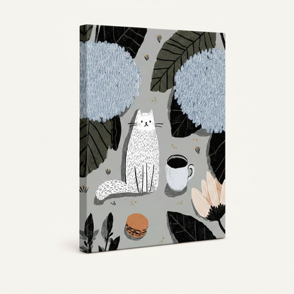 Gallery wrap canvas of white cat with blue hydrangeas, coffee cup and macaron, portrait view