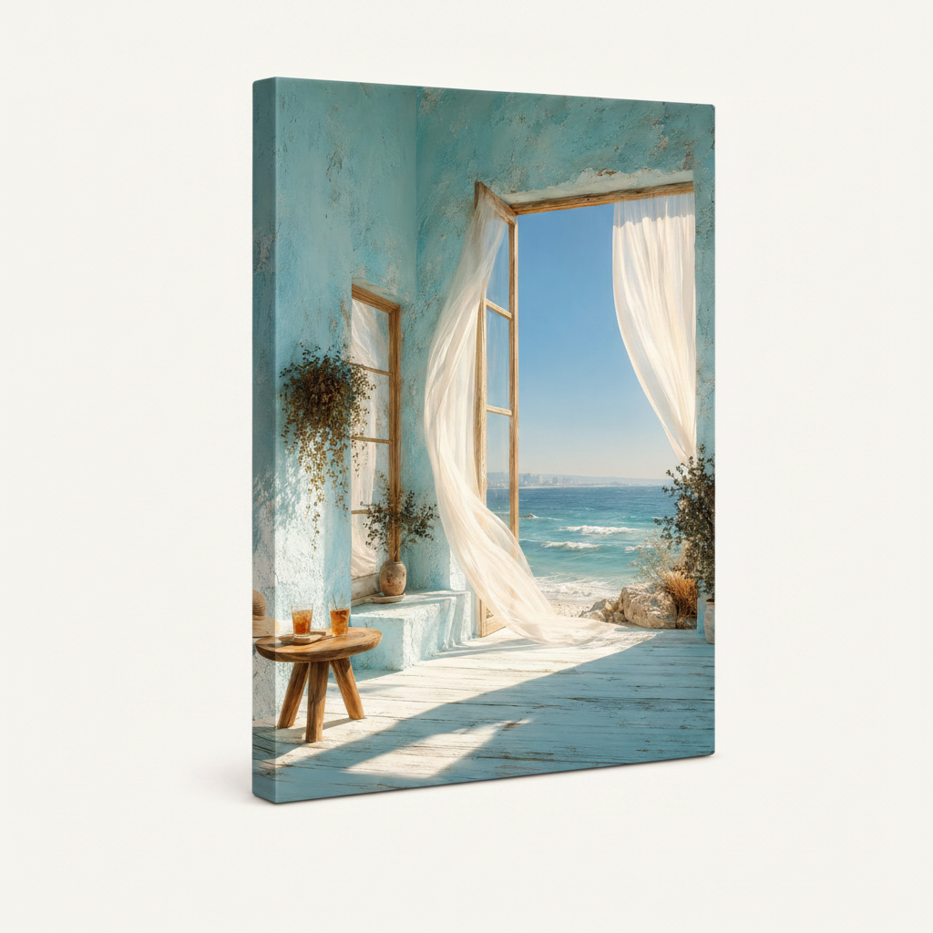  Gallery wrap canvas of Mediterranean ocean view with billowing curtains, angled product view on off-white background