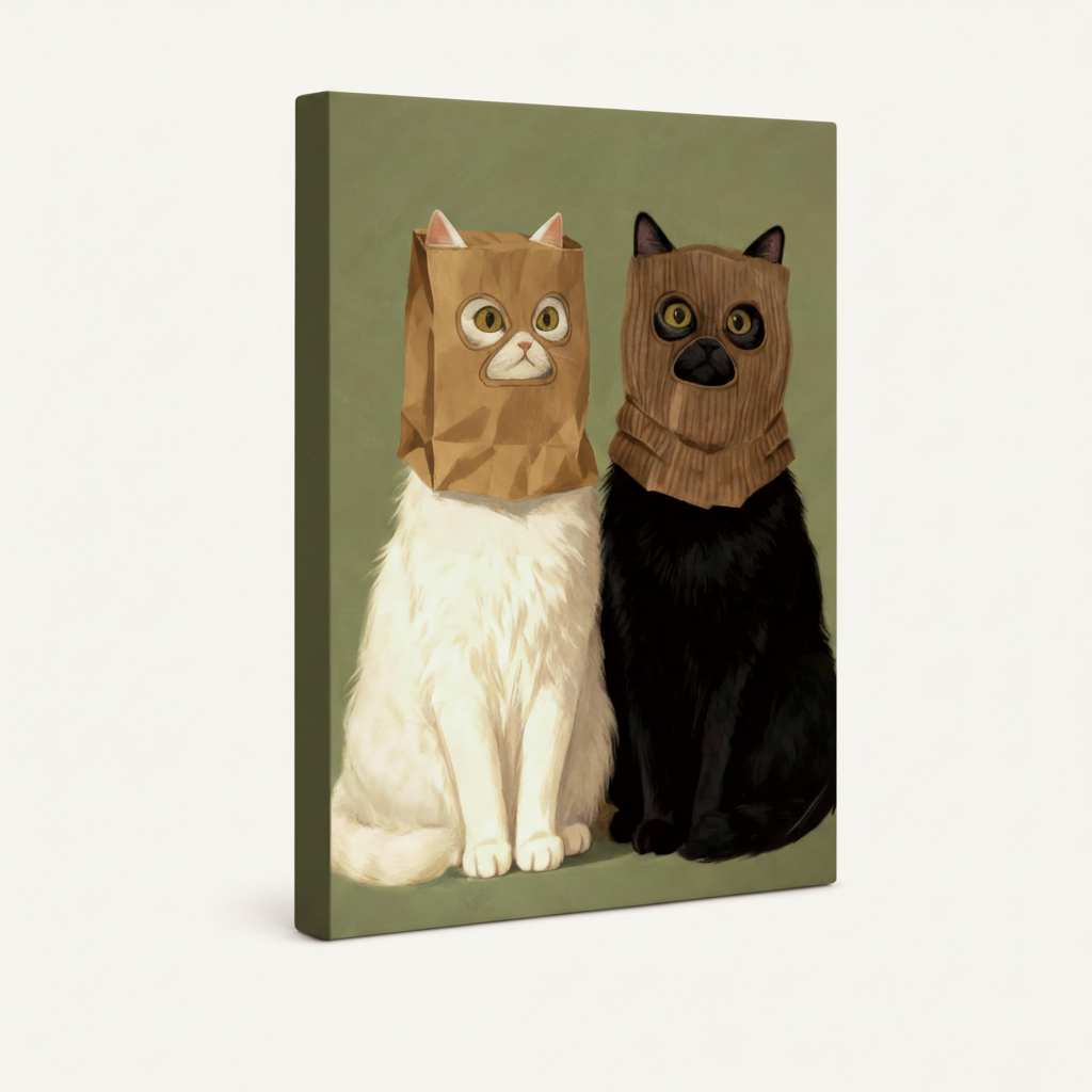 Gallery wrap canvas of white and black cats wearing paper bags, flat illustration style, angled side view