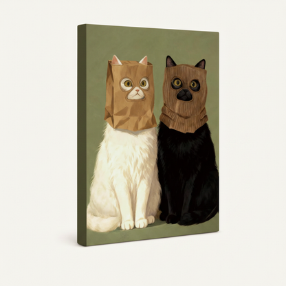 Gallery wrap canvas of white and black cats wearing paper bags, flat illustration style, angled side view