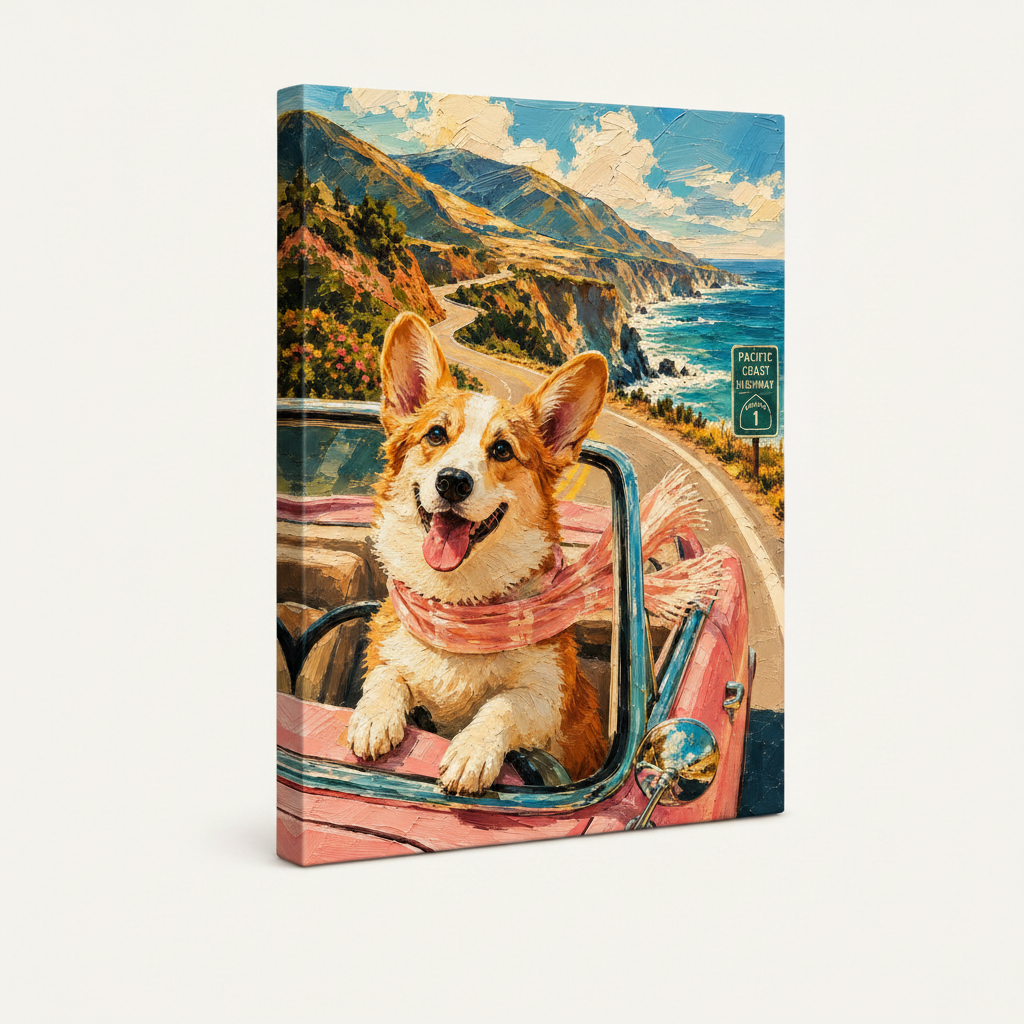 Gallery wrap canvas of corgi driving on Highway 1, angled product view on off-white background