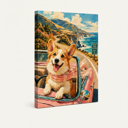 Gallery wrap canvas of corgi driving on Highway 1, angled product view on off-white background