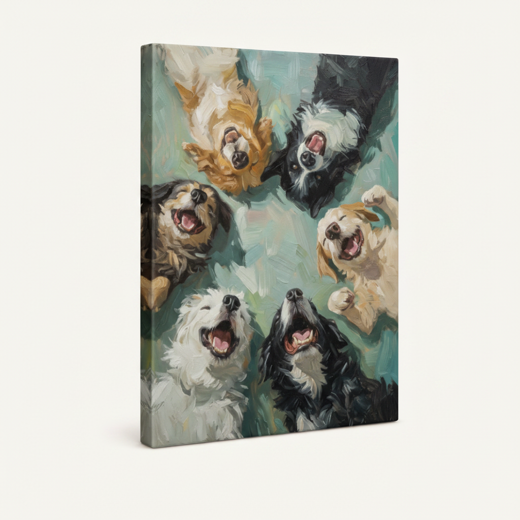 Gallery wrap canvas print of five happy dogs in impasto oil painting style, angled side view on white background