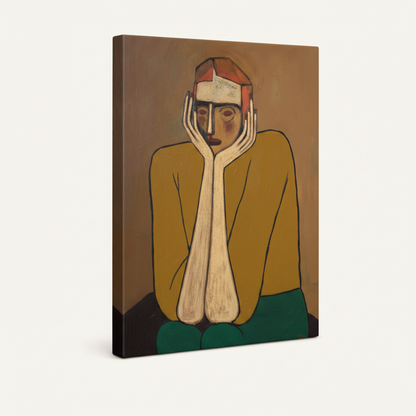 Gallery wrap canvas of a cubist seated figure in mustard and teal, angled side view