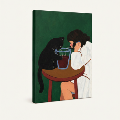 Gallery wrap canvas of black cat and girl sharing a drink, flat illustration style, angled side view