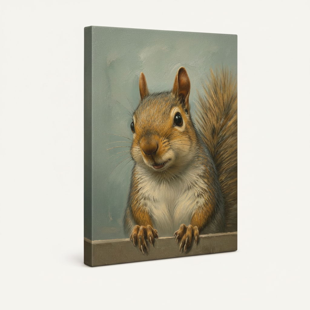 Gallery wrap canvas print of a curious squirrel oil painting on white background, side view