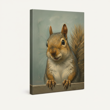 Gallery wrap canvas print of a curious squirrel oil painting on white background, side view