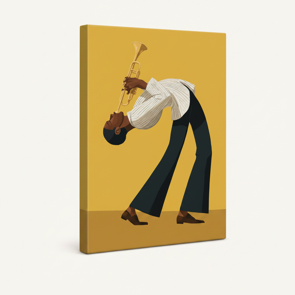  Gallery wrap canvas of Black trumpet player leaning back in flat illustration style, portrait view